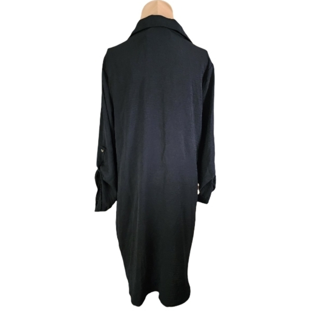 Lexington Avenue Black Button Down Shirt Dress Tunic Large Roll Tab Sleeves - Picture 3 of 7